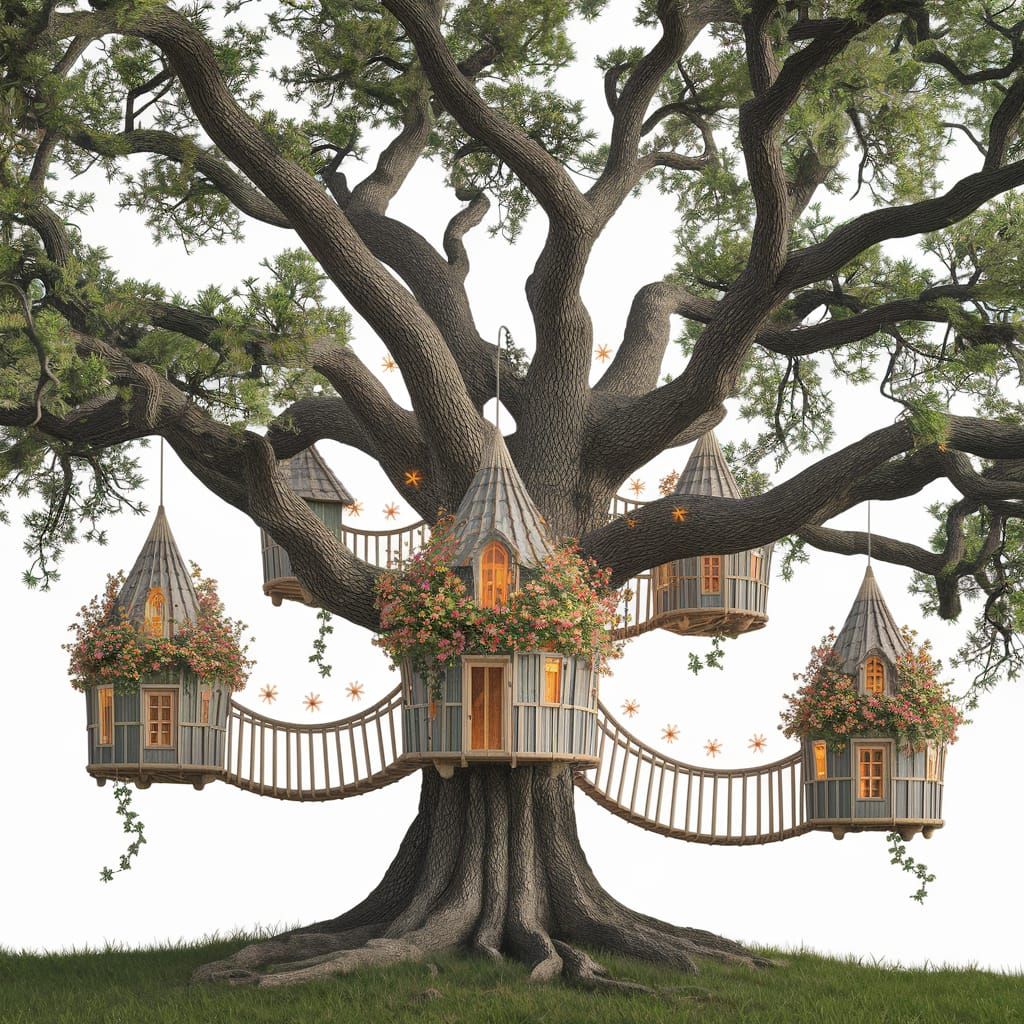 Whimsical Treehouse Village in Ancient Oak, Illustration
