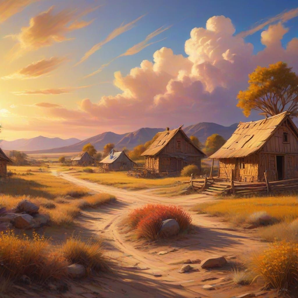 Native American Homestead in Gouache Impressionist Style