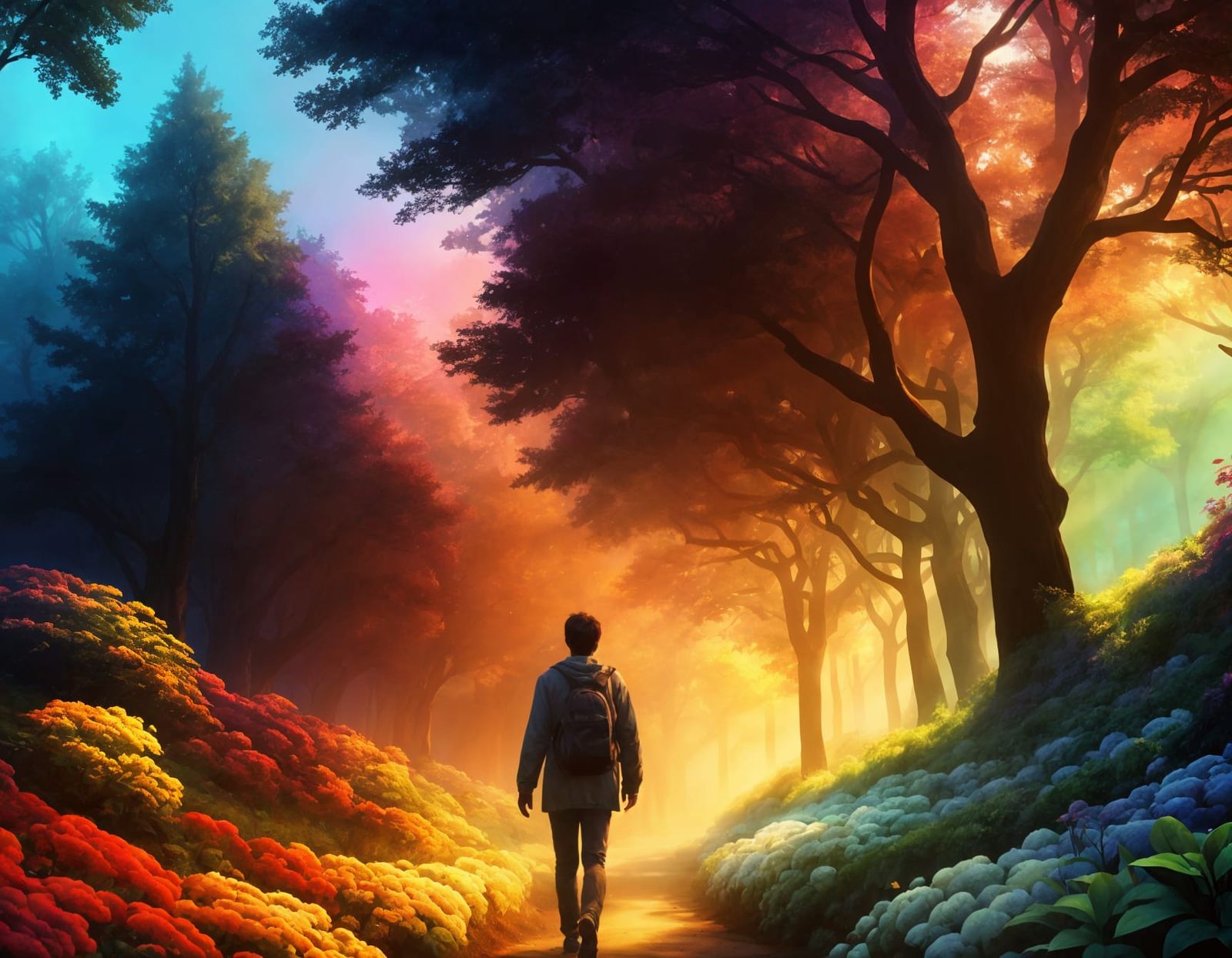 Colourful Misty Pathway in Verdant Wilderness