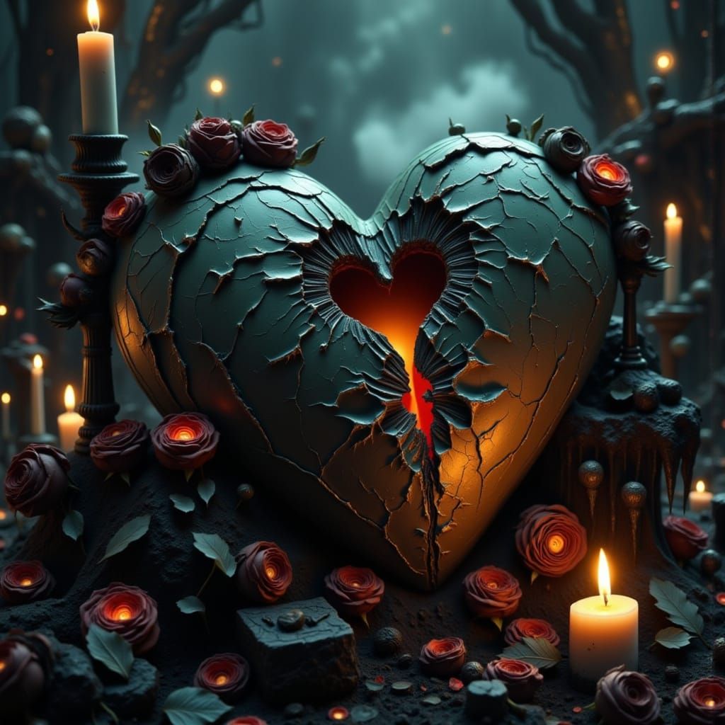 Gothic Valentine Cracked Heart with Eerie Mist
