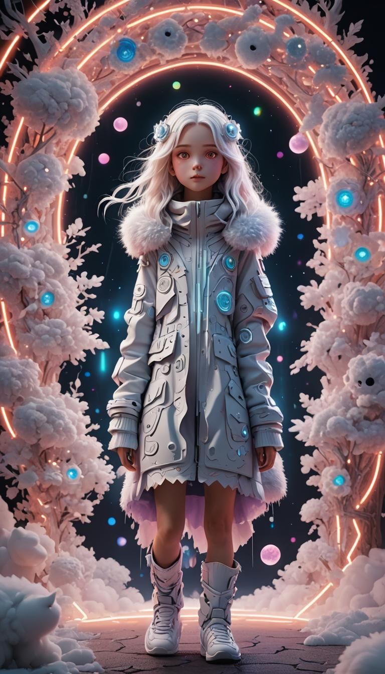 Fluffy White Faceless Creature with Neon Aura