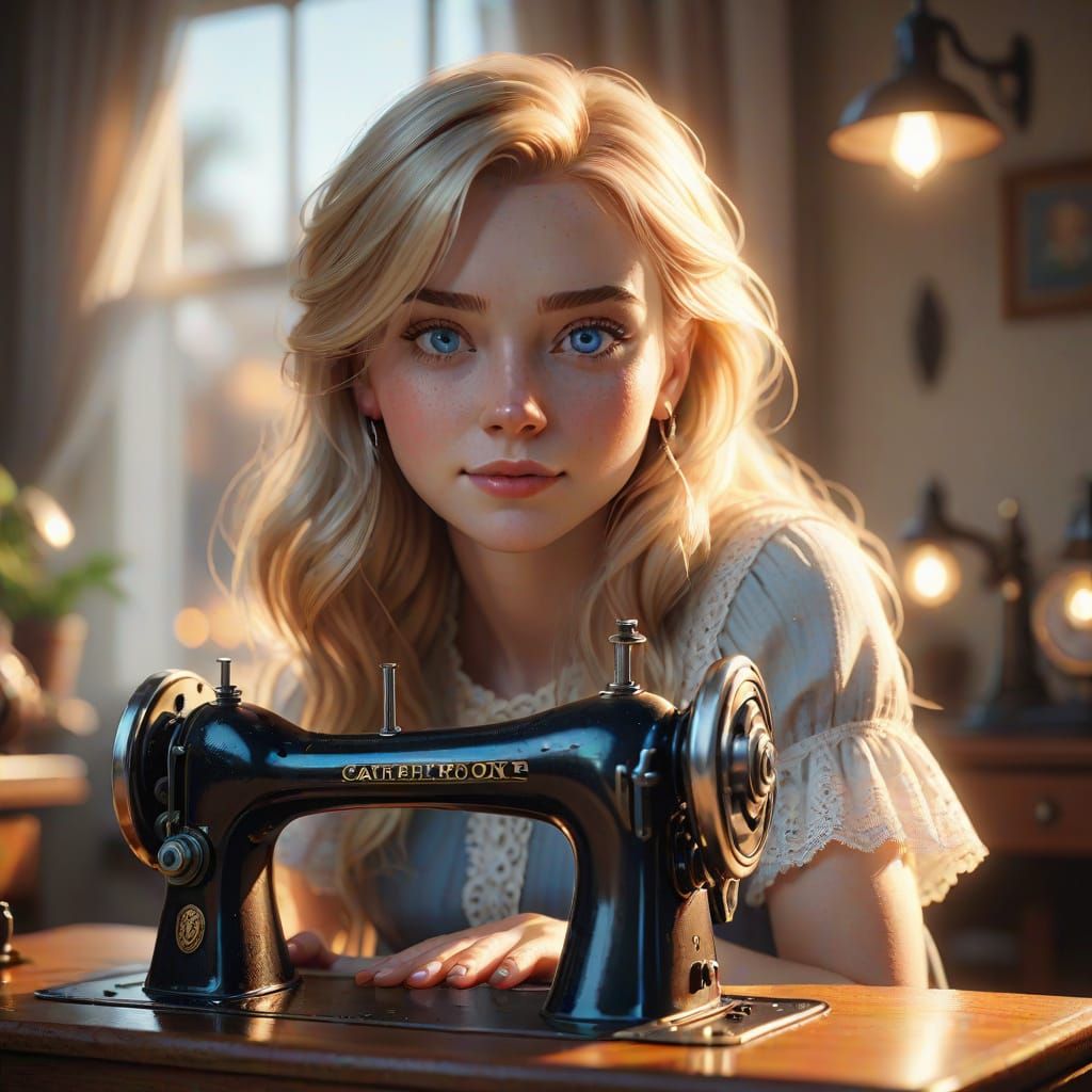 Girl Contemplates Antique Sewing Machine in Warm, Golden Lig...