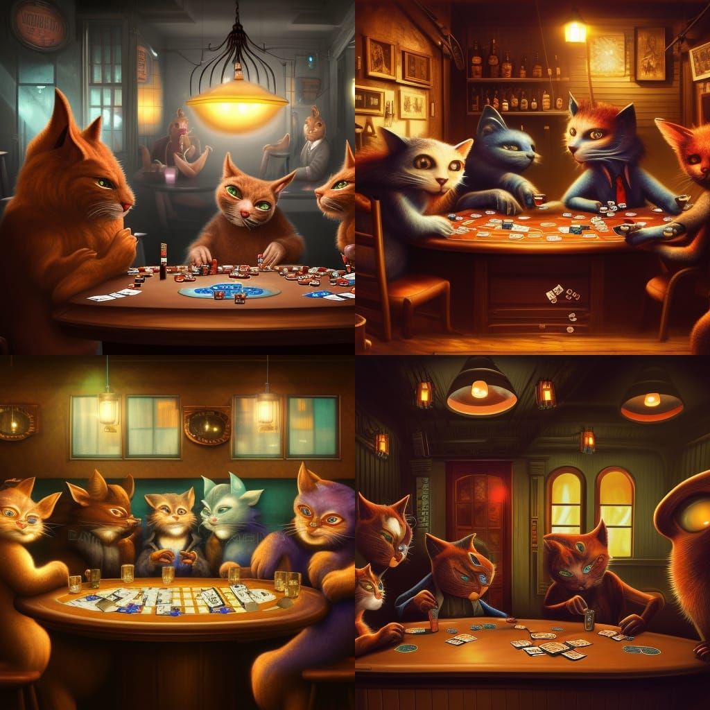 Cats Playing Poker in Dimly Lit Bar: Digital Art