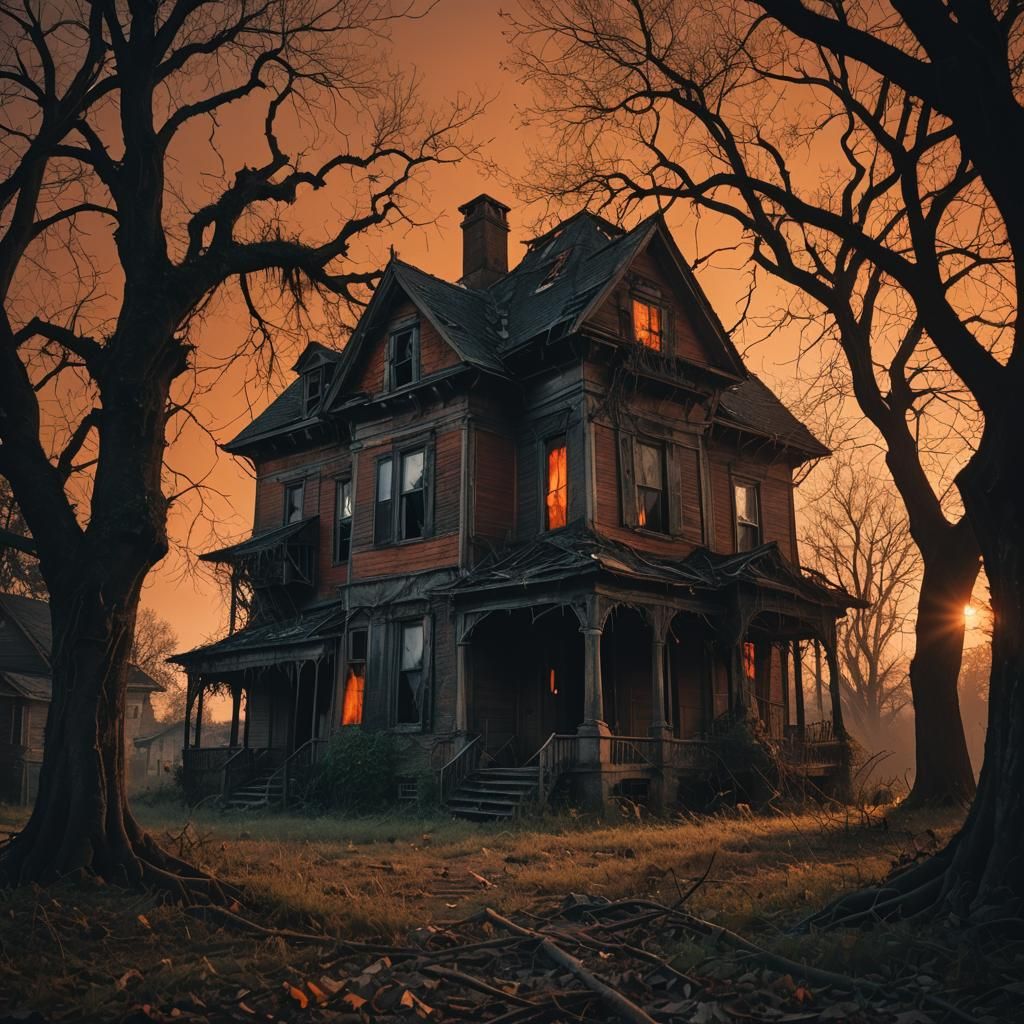 Eerie Haunted House at Dusk in Cinematic Style