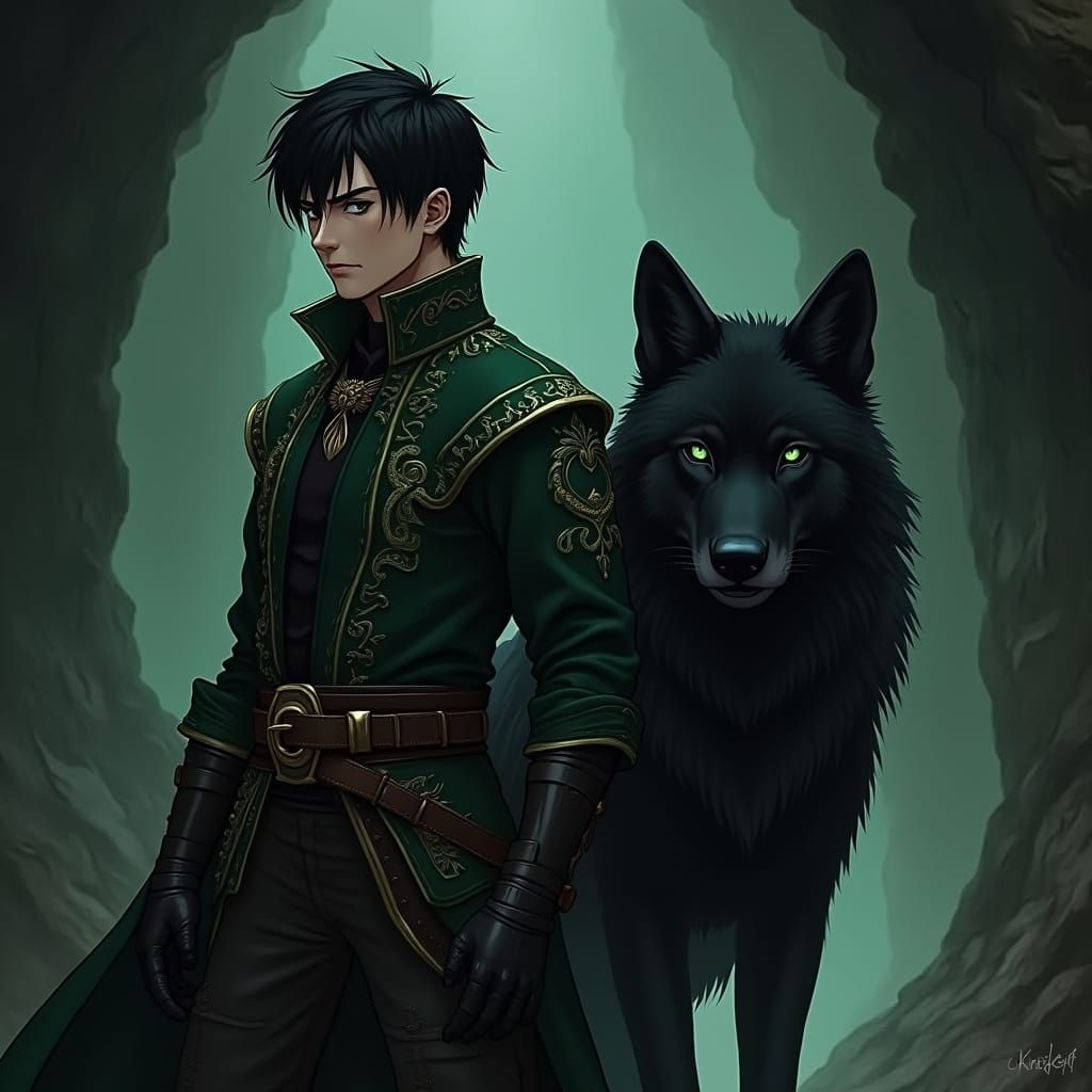 Gothic Dark Fantasy Warrior and Dire Wolf in Ancient Cave