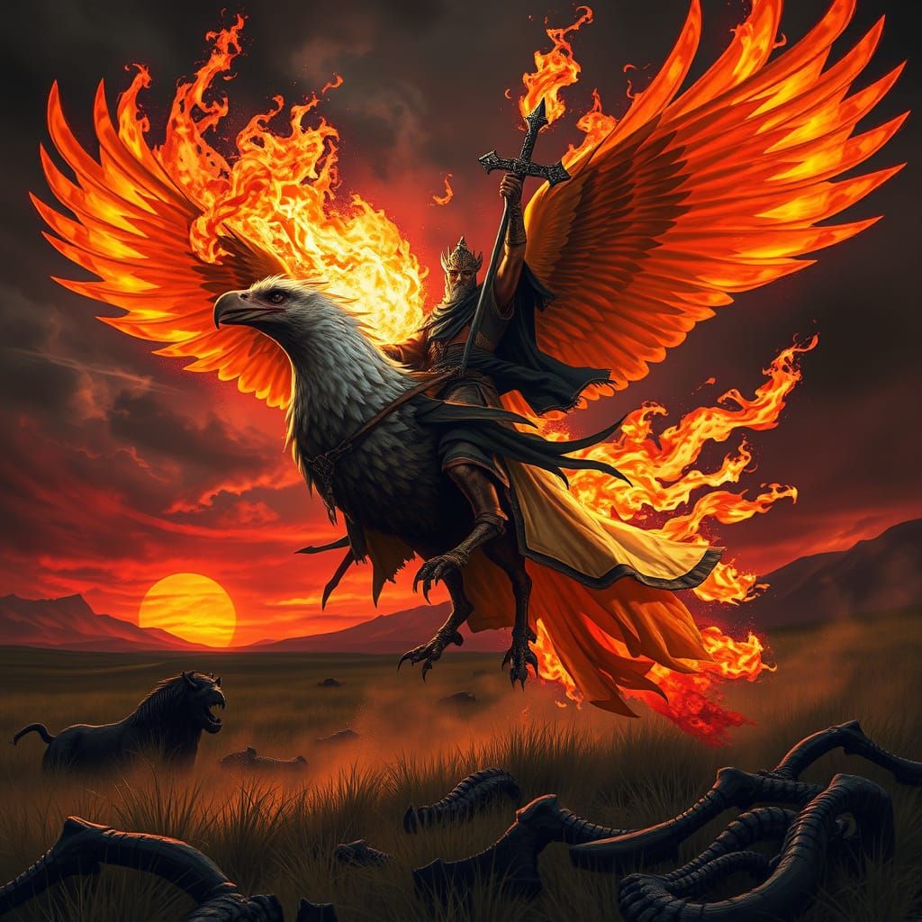 Ethiopian Priest Rides Phoenix in Dark Fantasy Landscape