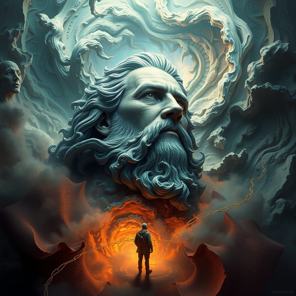Epic Historical Figure in Vibrant Surreal Landscape