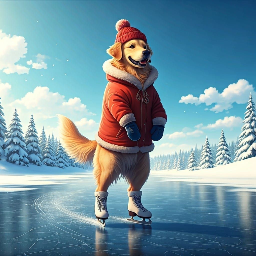 Golden Retriever Ice Skating in Anime Style