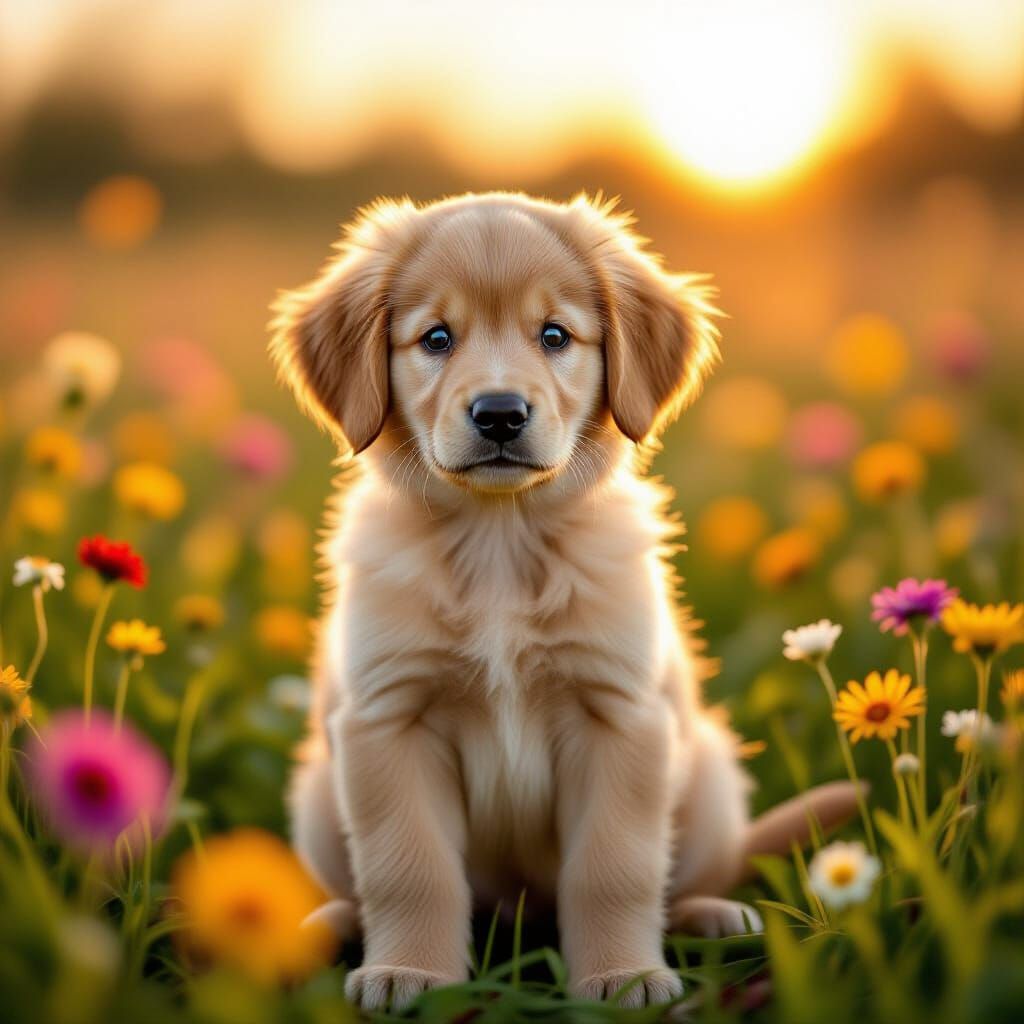 Golden Retriever Puppy in Wildflower Field, Dreamy Bokeh