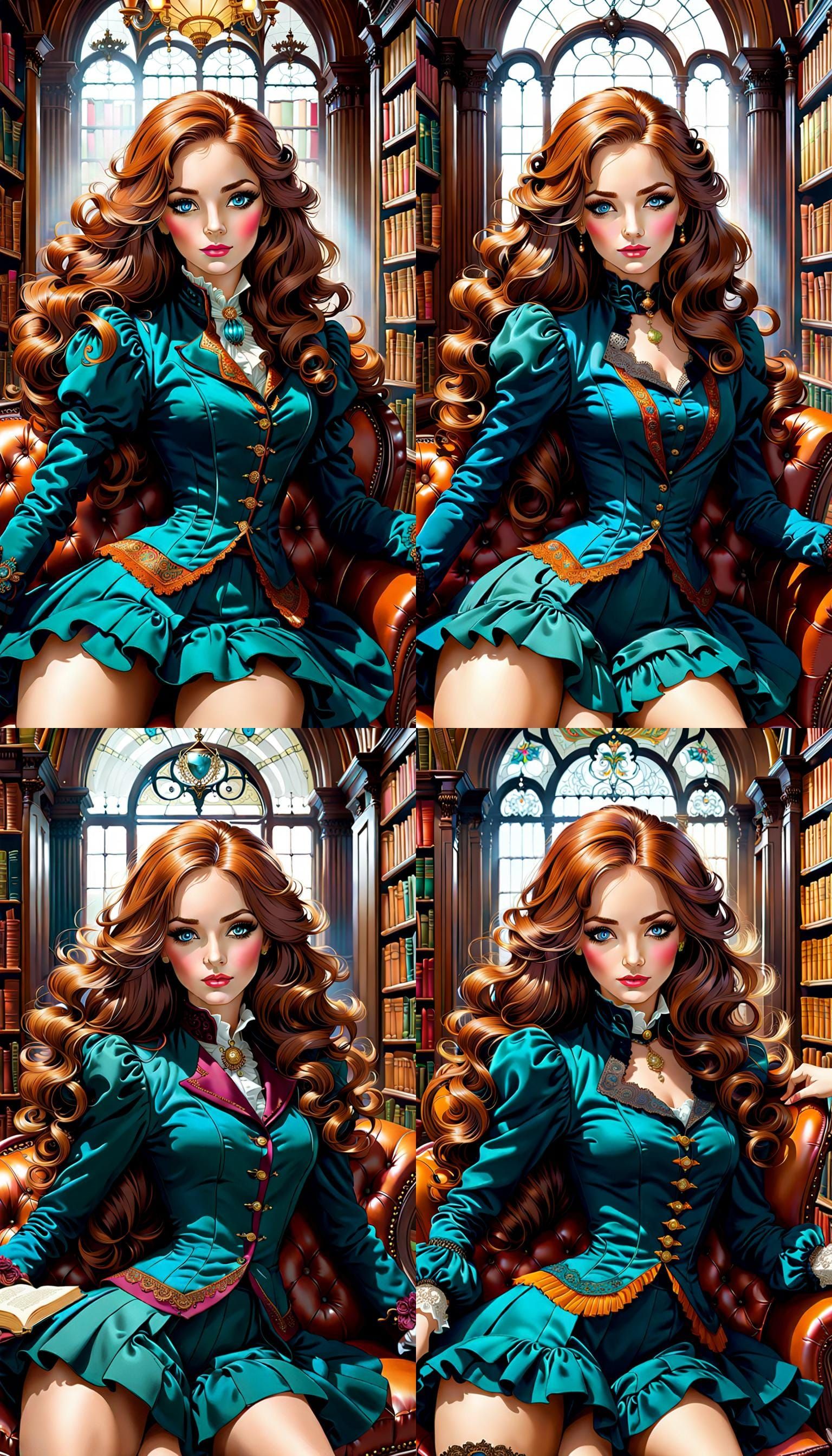 Victorian Woman Lounging in Library with Coffee