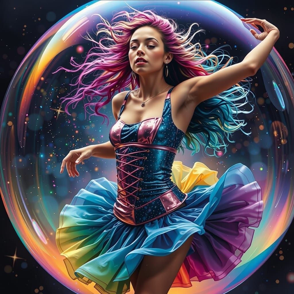 Dancing Girl in Bubble Under Starry Sky
