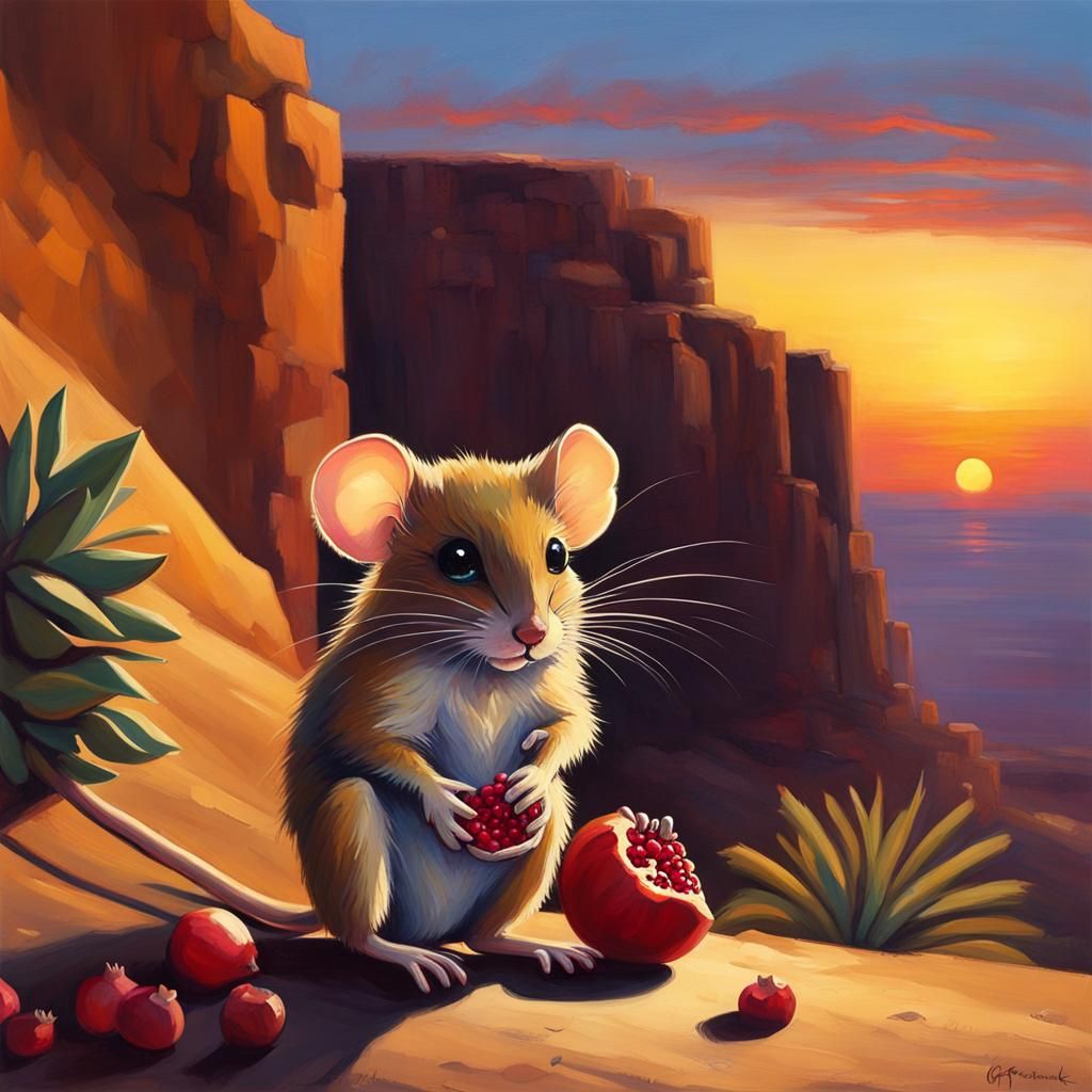 Adorable Desert Mouse with Cliffside Sunset, Digital Art