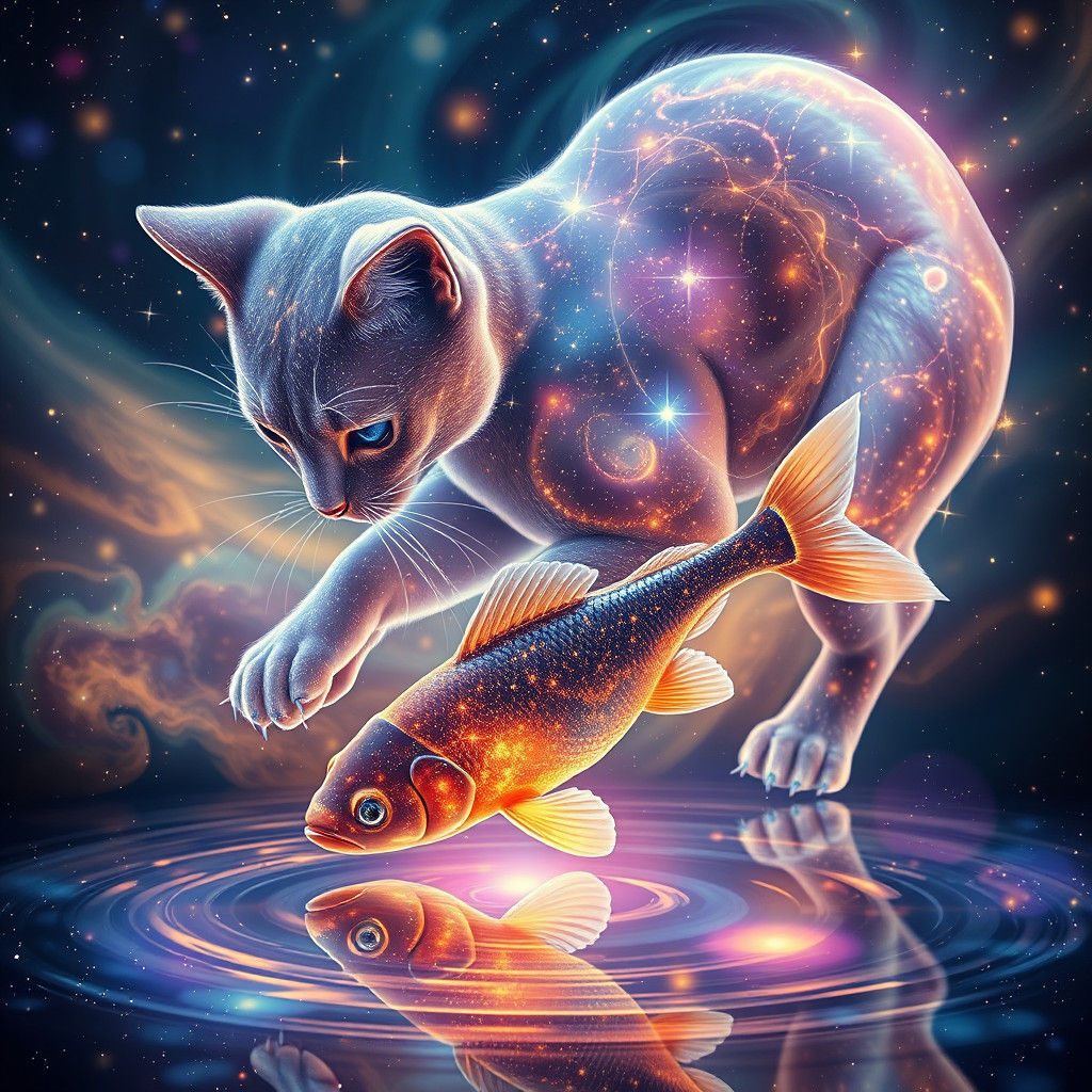 Celestial Cat Summons Cosmic Fish from Nebula Pond
