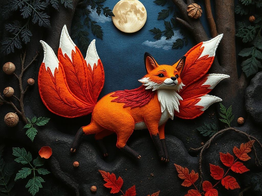 Felted Fire Fox Kumiho in Moonlit Forest