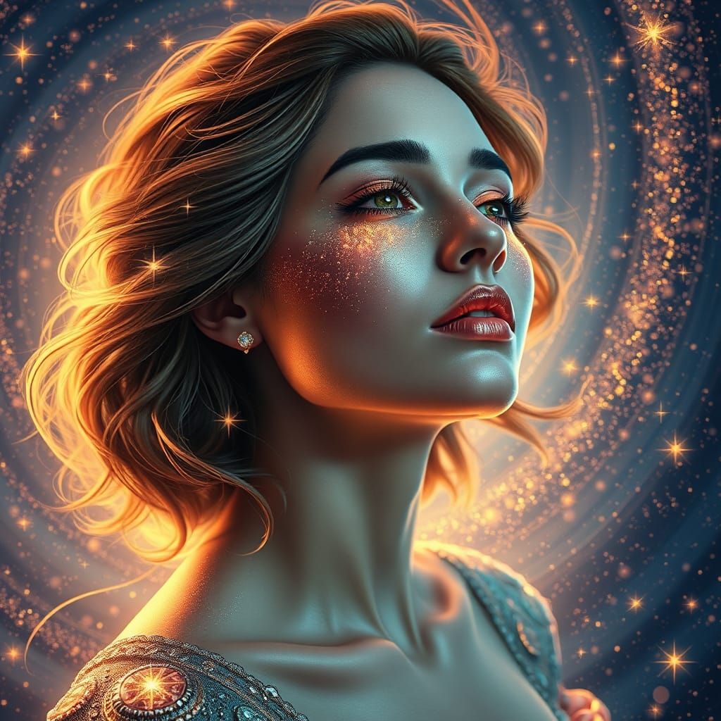 Celestial Woman Portrait with Shooting Stars