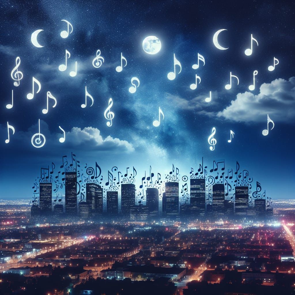Musical Cityscape Under a Starry Night Sky