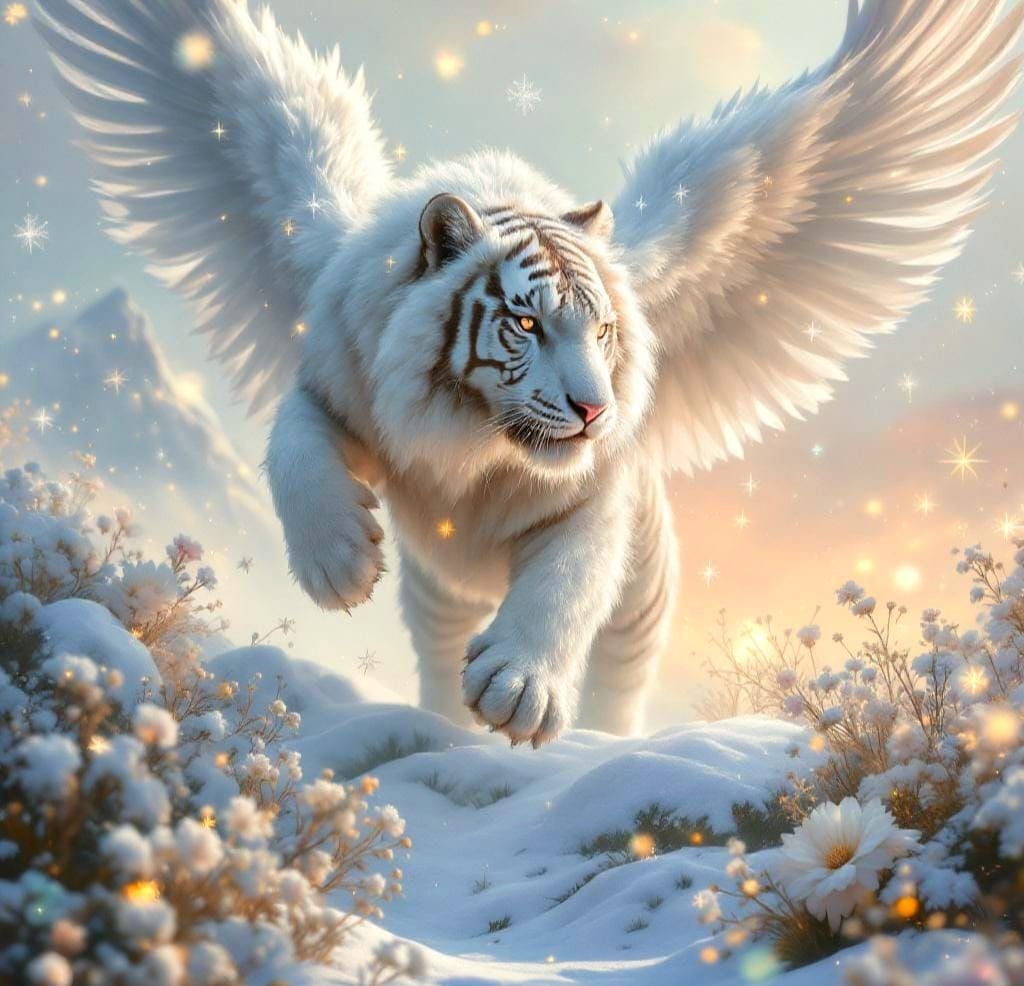 Winged White Tiger Lands on Snowy Peak