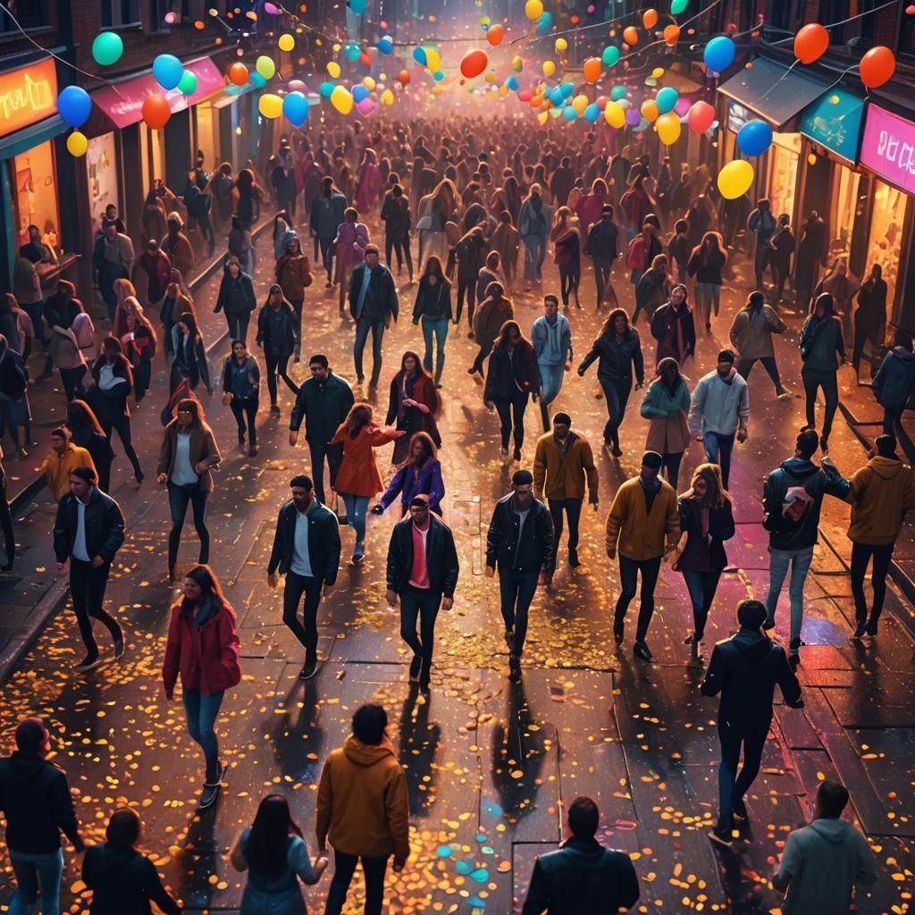 Vibrant Neon Nightlife in Crowded City Street