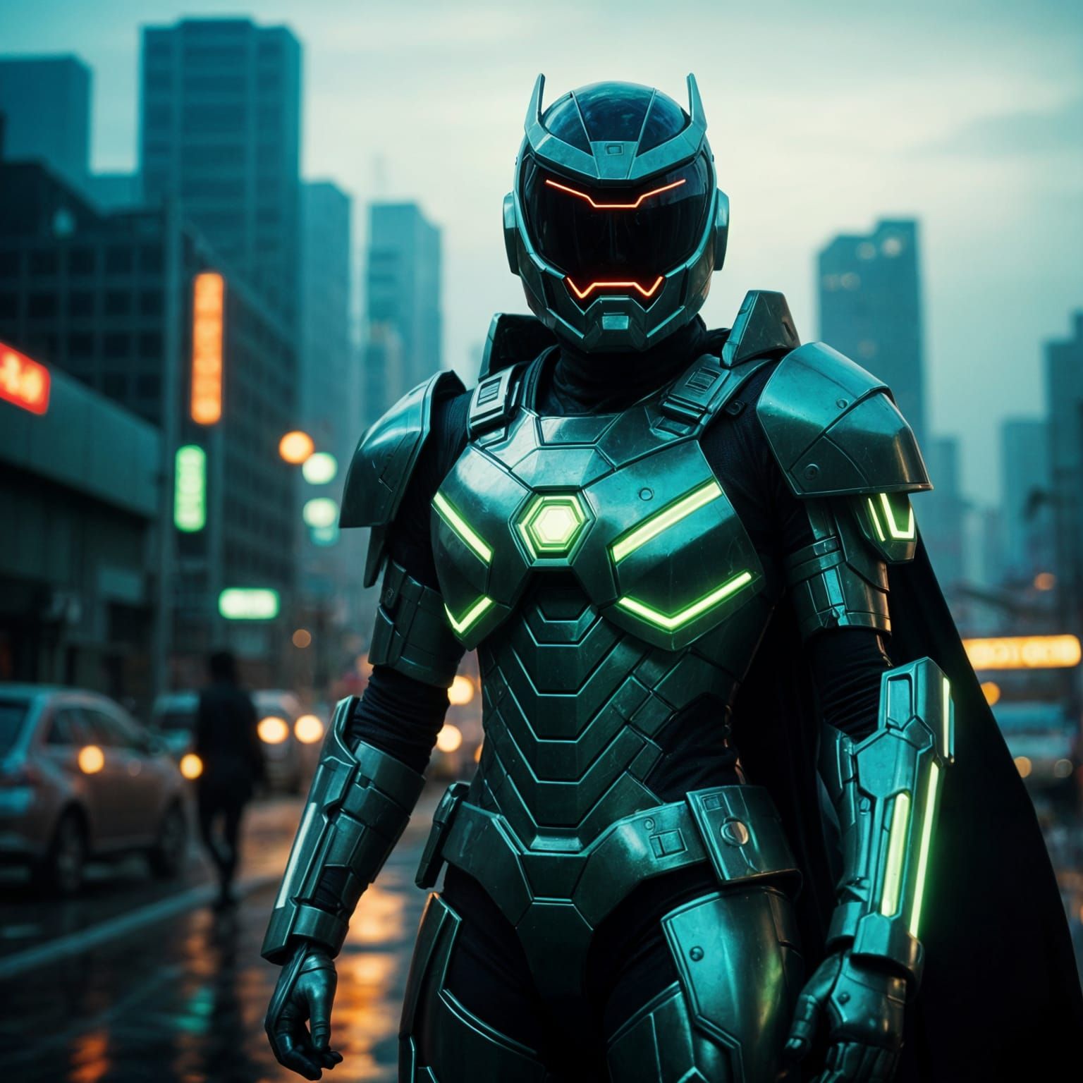 Japanese Superheroine in Neon-Filled Futuristic Armor