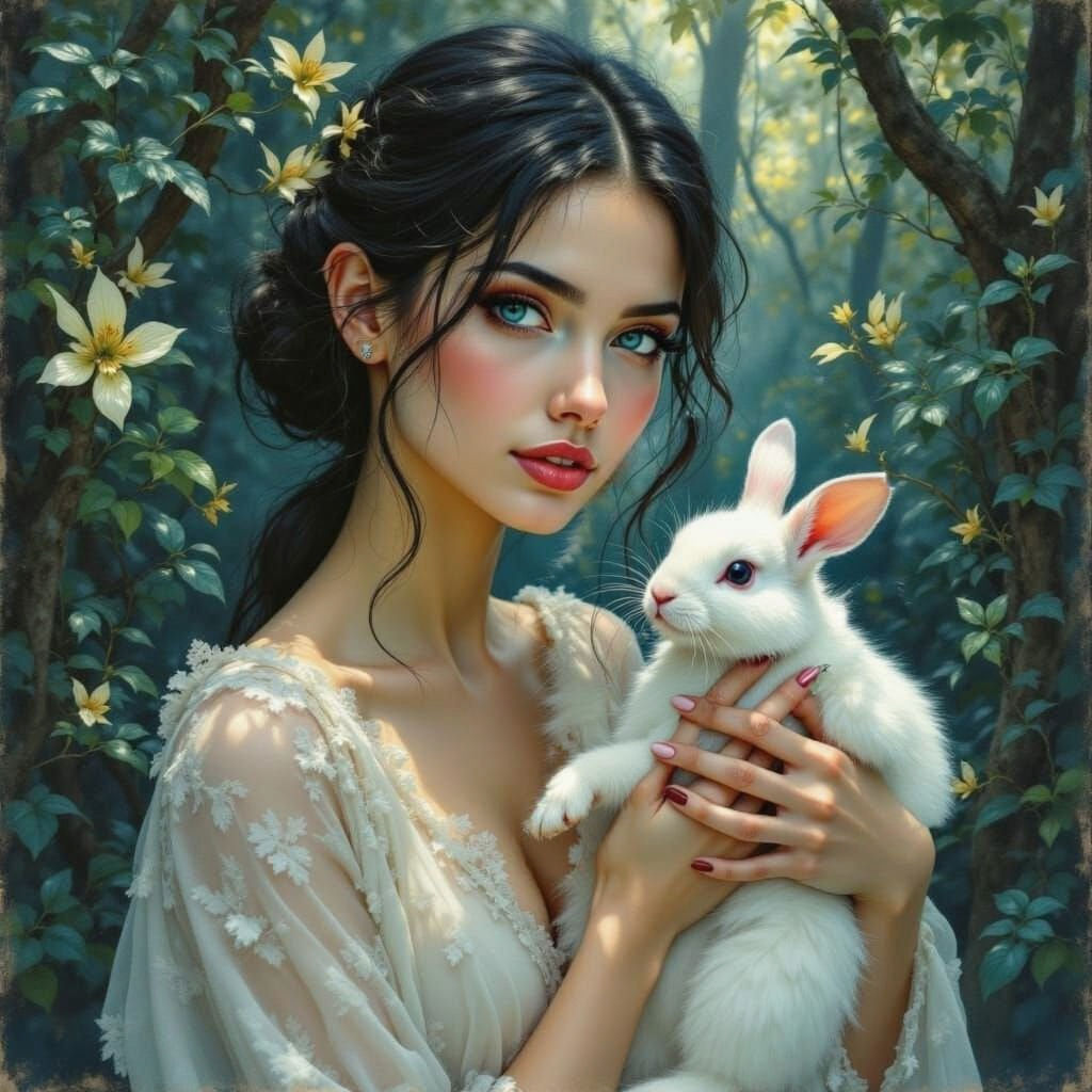 Lady Holding Rabbit in Cool Forest, Impressionist Watercolor