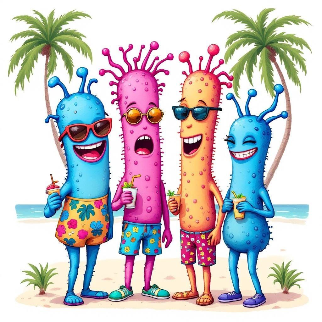 Anthropomorphic Bacteria Enjoying a Tropical Beach Vacation