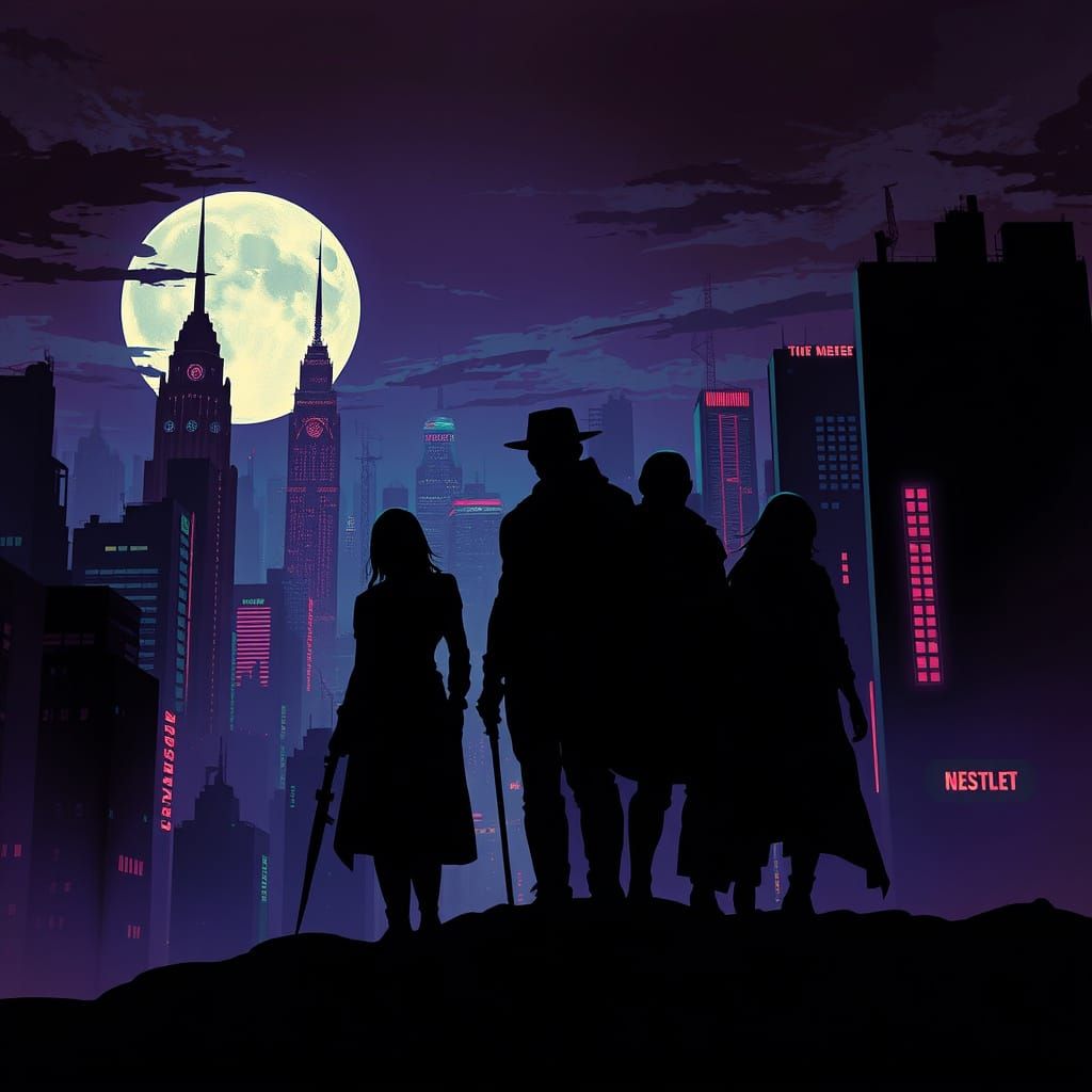 Futuristic Noir Cityscape with Bold Shadows and Silhouettes