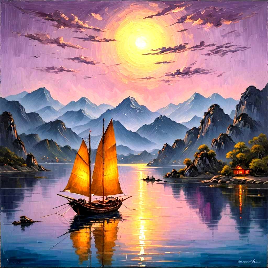 Chinese Sailboat at Night in Impasto Oil Painting