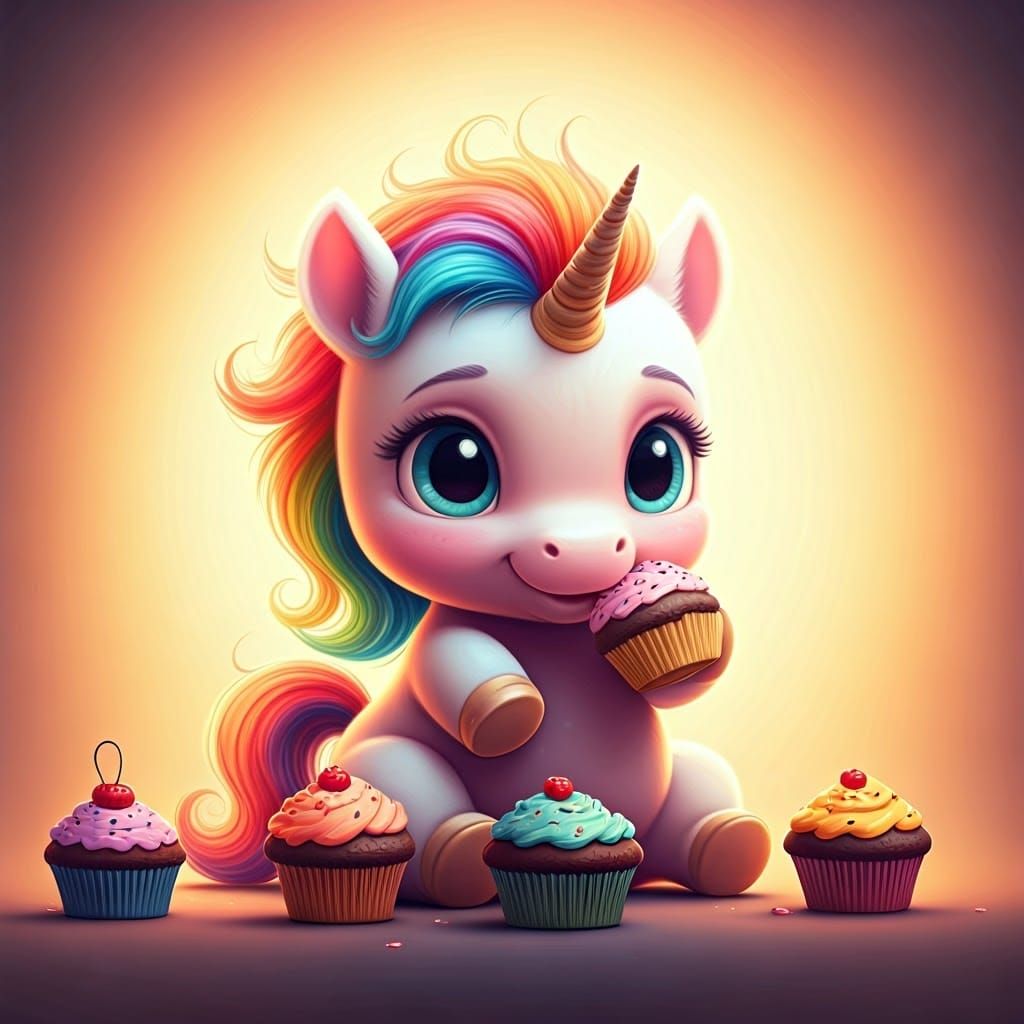 Rainbow Unicorn Eating Cupcakes: 3D Digital Art