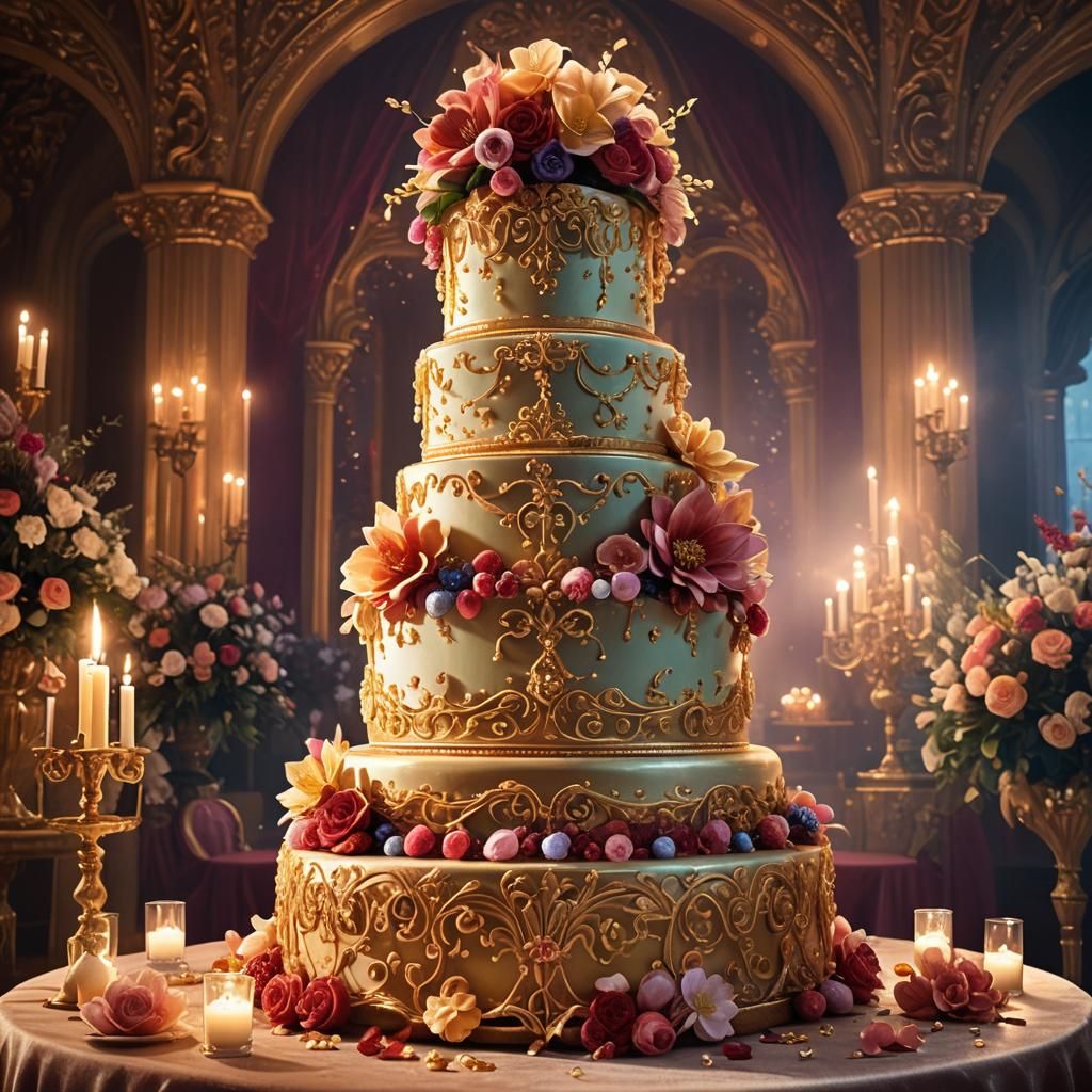 Majestic Wedding Cake in Candlelit Ballroom