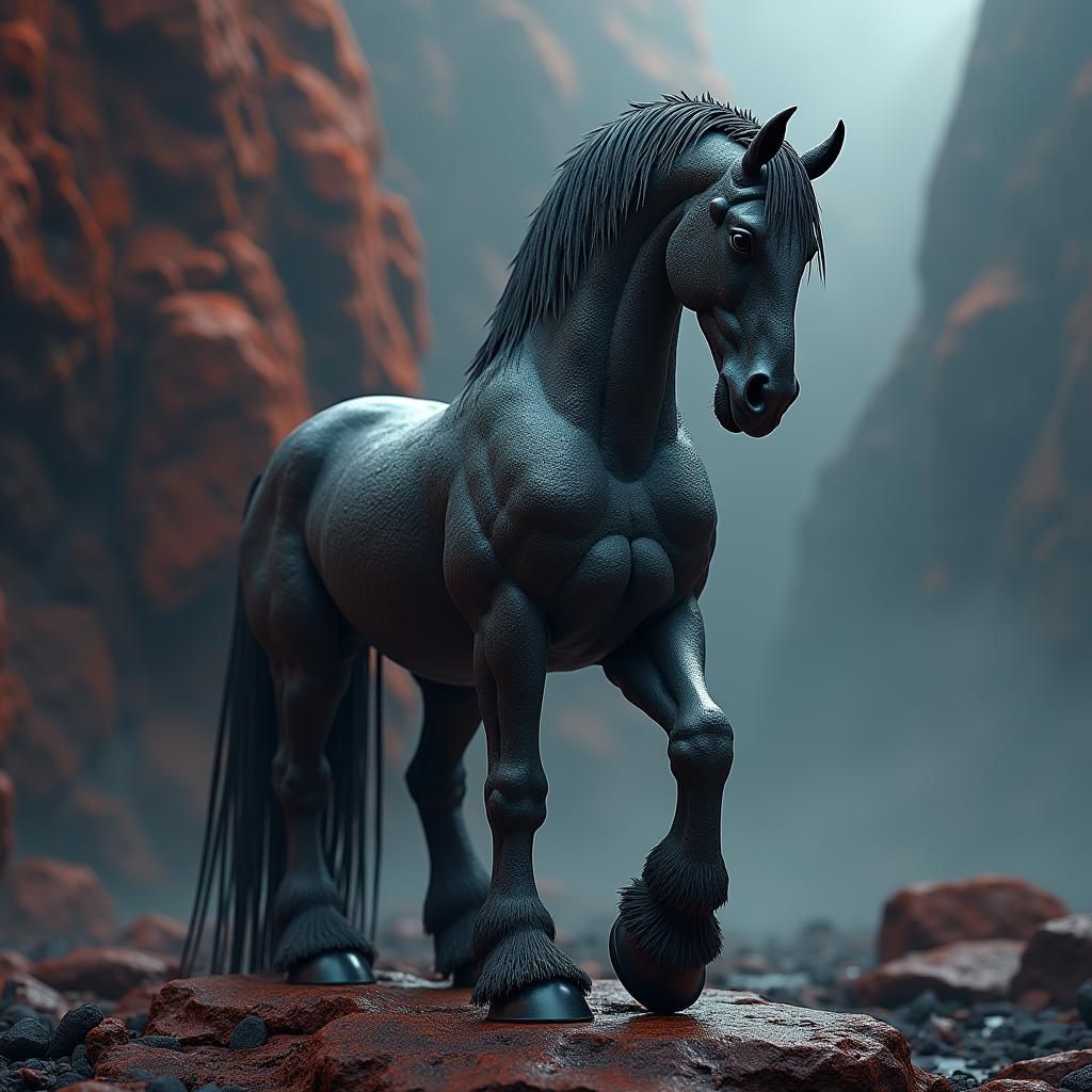 Volcanic Friesian Horse in Dreamlike Fantasy Art