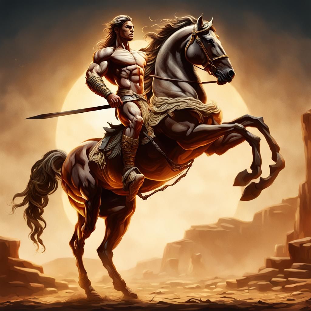 Heroic Centaur Wielding Weapon as Oil Painting