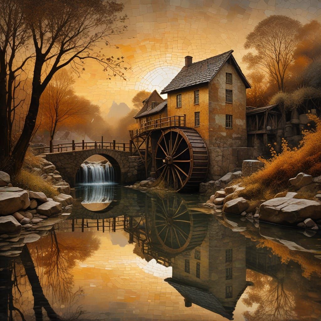 Watermill Oasis in Kintsugi Cityscape at Sunset