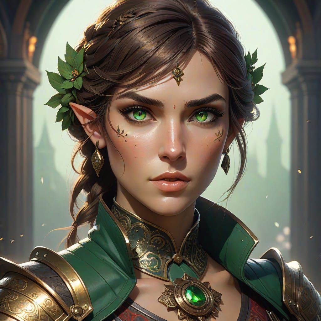 Victorian Warrior Half-Elf in Art Nouveau Style