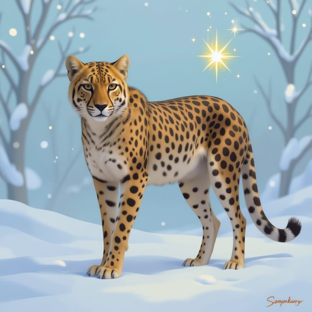 Cheetah Carries Star Up Snowy Tree in Winter
