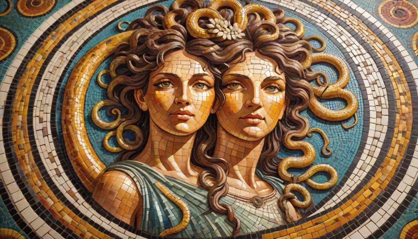 Majestic Byzantine Gorgon Mosaic in Ancient Roman Style