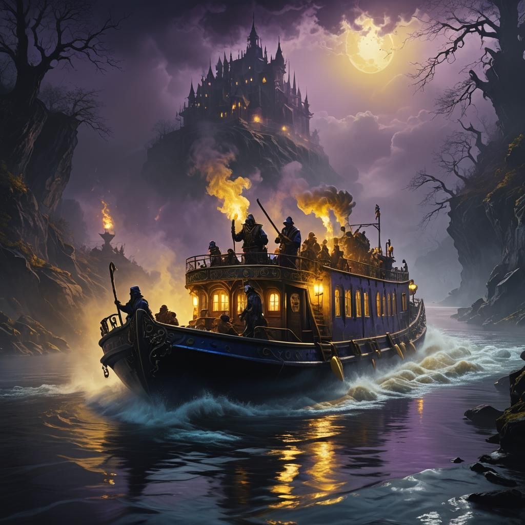 Eerie River Barge in Dark Fantasy Style