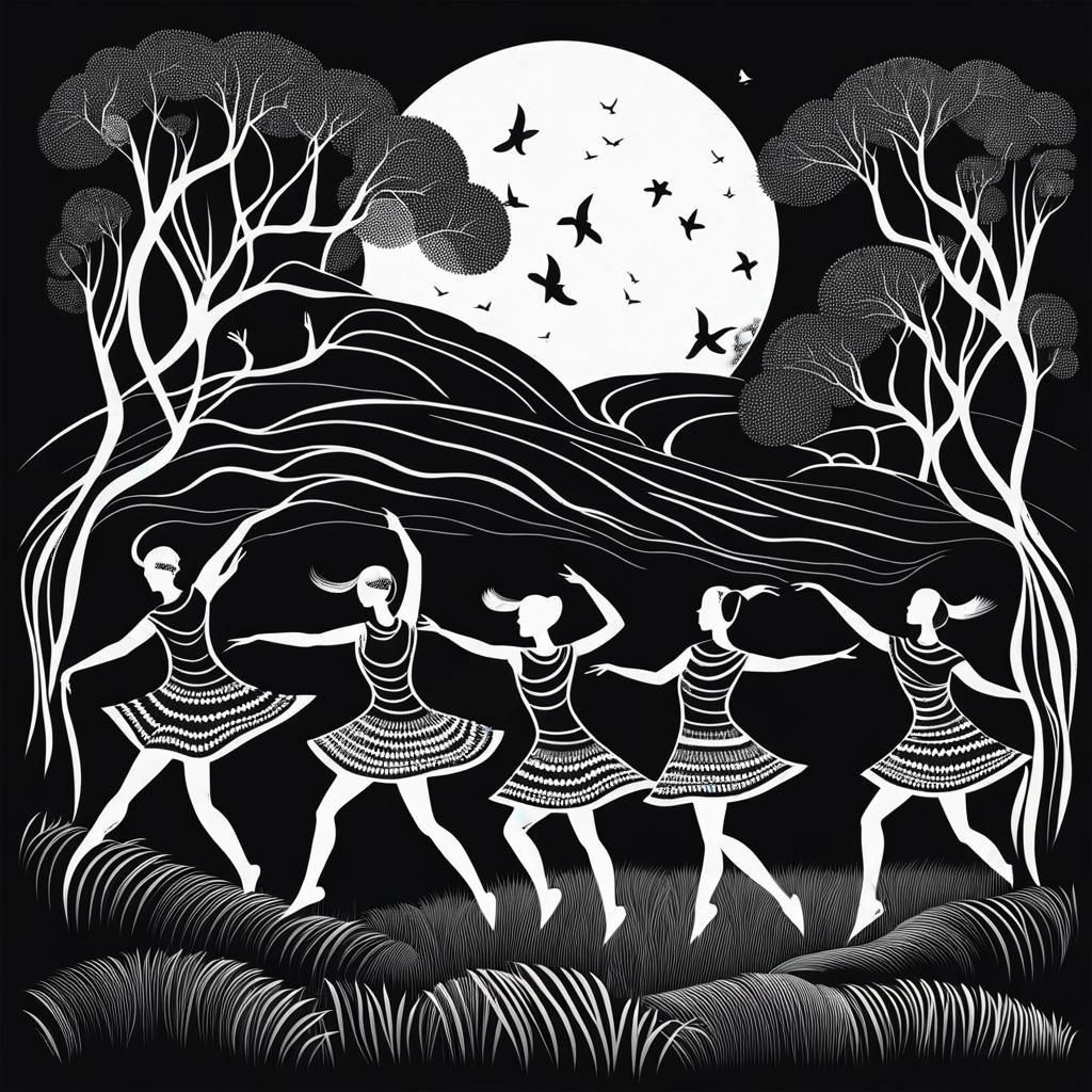 Moonlight Dancers in Aboriginal Silhouette Style