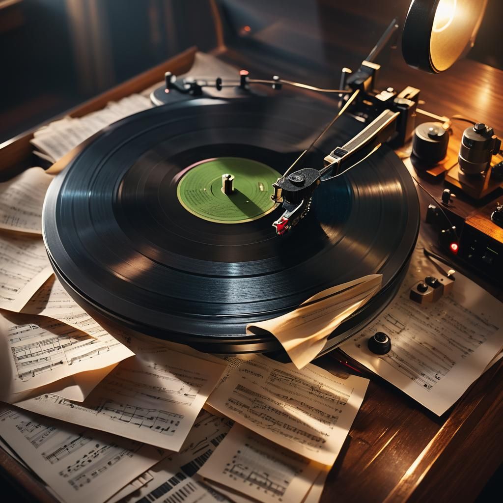 Hyperrealistic Vinyl Record Player in Atmospheric Room
