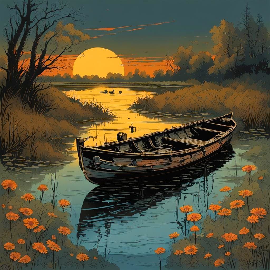 Ominous Sunset: Rusty Boat in Dark Fantasy Style