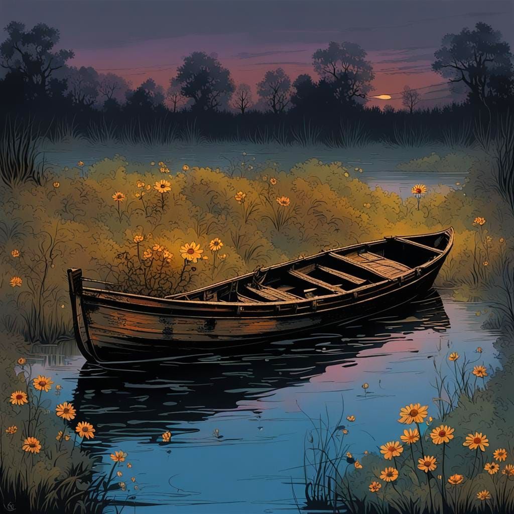 Vintage Boat Drifting at Sunset in Color Print Style