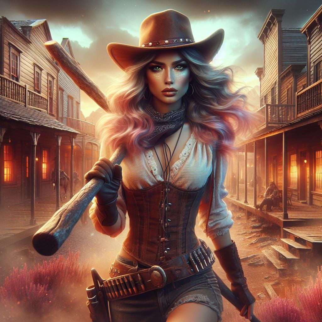 Cowgirl Striding Through Wild West Town in Fantasy Art