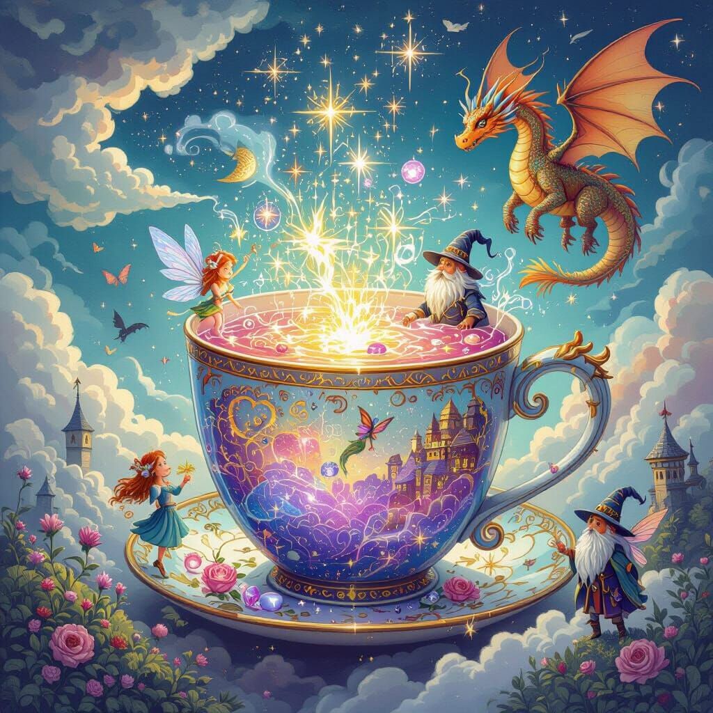 Whimsical Cup of Magic with Dragons and Fairies