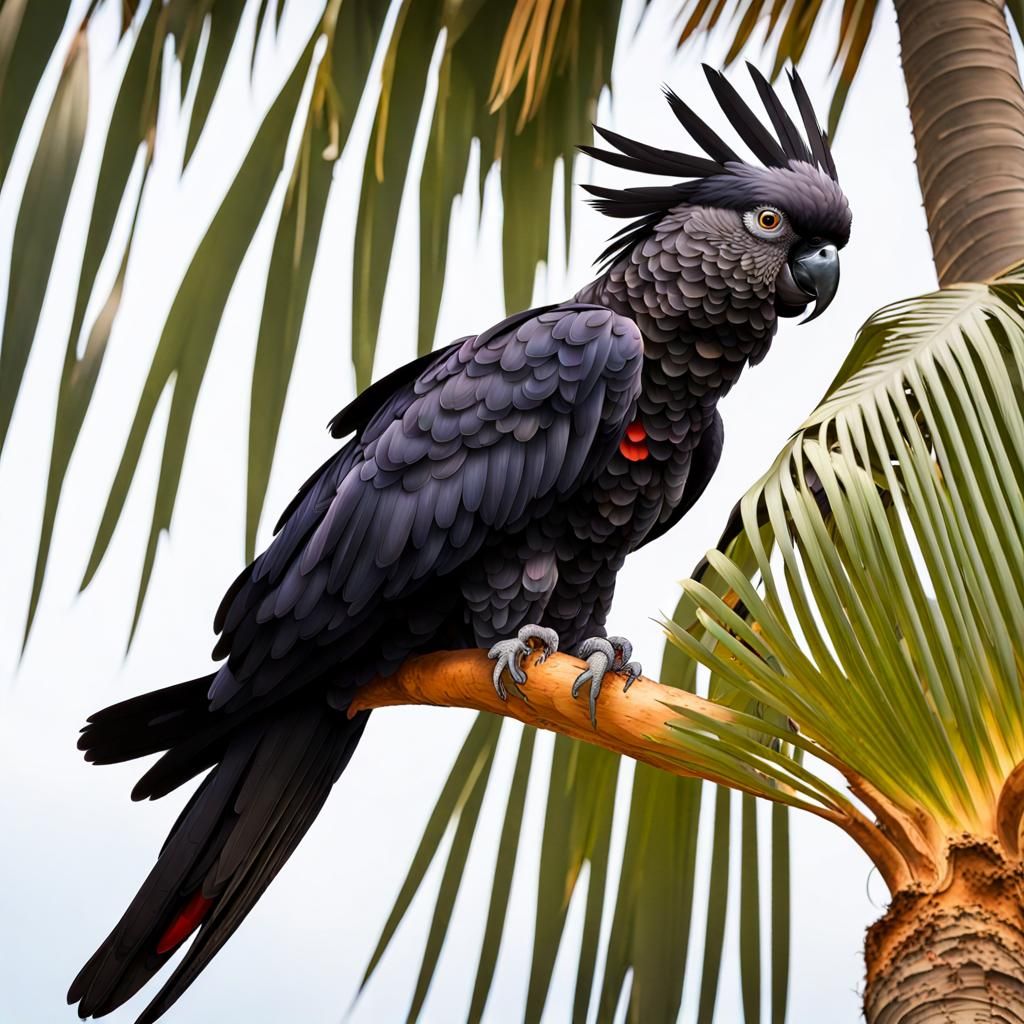 Red-Tailed Black Cockatoo in a Palm Tree