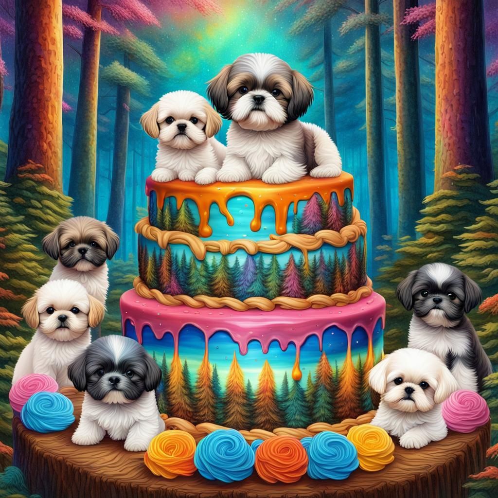 Birthday Cake surrounded by shihtzu 🤔