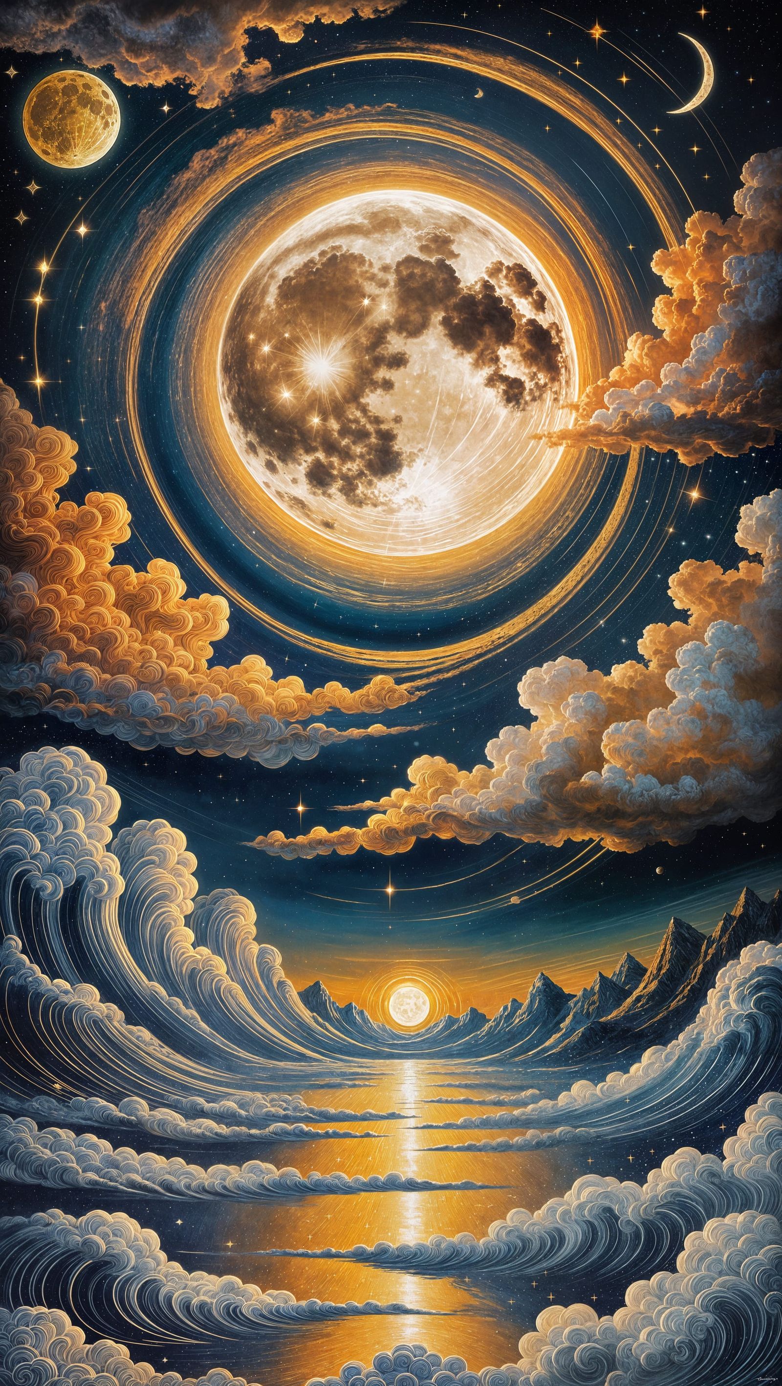 Ancient Painting of Moon with Golden Rays