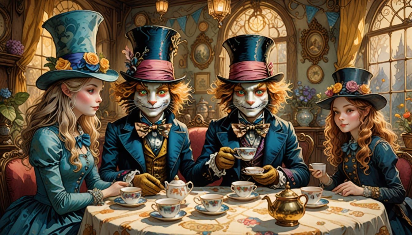 Whimsical Tea Party with Mad Hatter and Alice in a Fantastic...