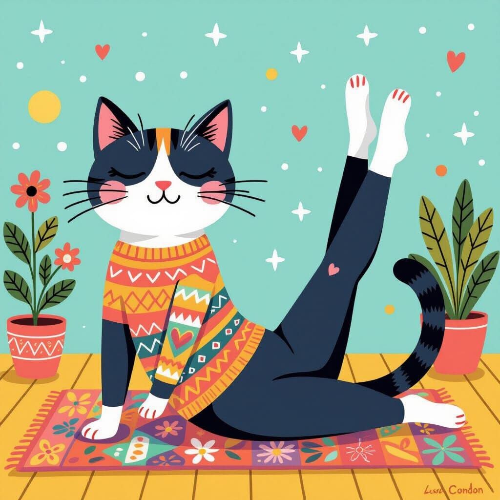 Yoga Cat in Whimsical Illustration Style
