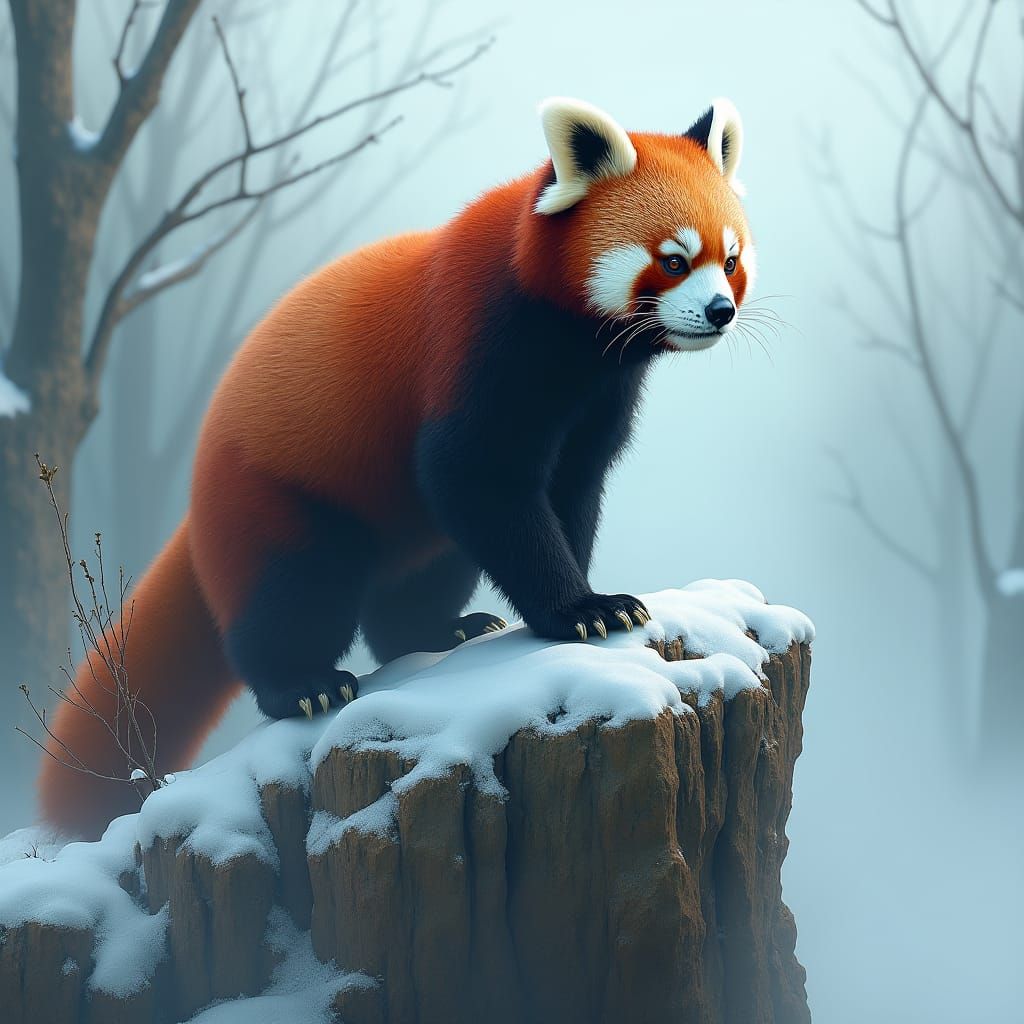 Majestic Red Panda in Mystical Snow Scene