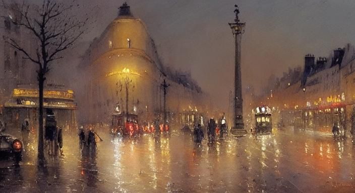 Paris Street at Night: Romantic Watercolor of Arc de Triomph...