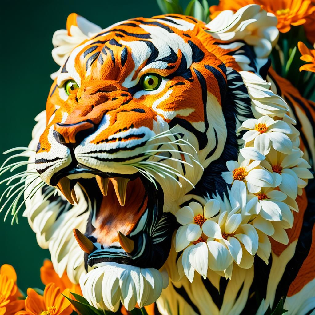 Floral Tiger Sculpture in Pop Art Style